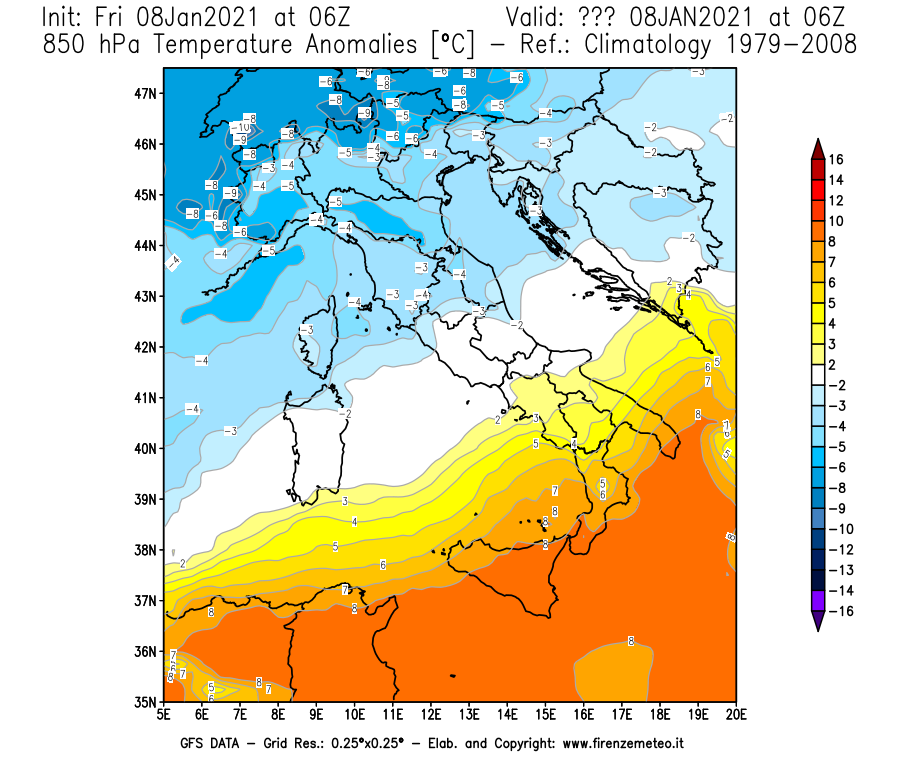 Mappa di analisi GFS - Anomalia Temperatura [°C] a 850 hPa in Italia
							del 08/01/2021 06 <!--googleoff: index-->UTC<!--googleon: index-->