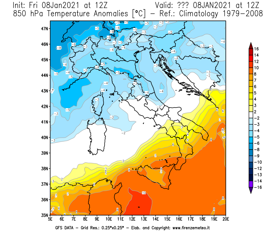 Mappa di analisi GFS - Anomalia Temperatura [°C] a 850 hPa in Italia
							del 08/01/2021 12 <!--googleoff: index-->UTC<!--googleon: index-->