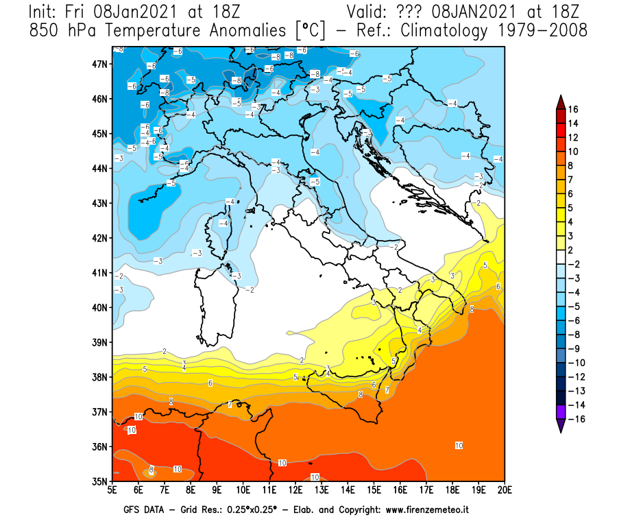 Mappa di analisi GFS - Anomalia Temperatura [°C] a 850 hPa in Italia
							del 08/01/2021 18 <!--googleoff: index-->UTC<!--googleon: index-->