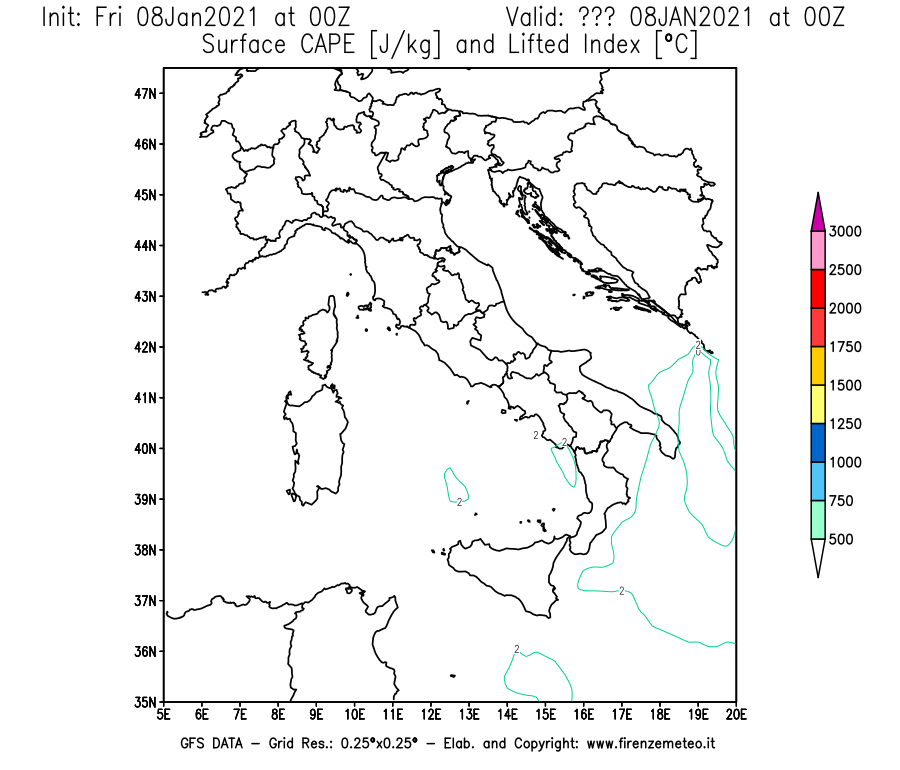 Mappa di analisi GFS - CAPE [J/kg] e Lifted Index [°C] in Italia
							del 08/01/2021 00 <!--googleoff: index-->UTC<!--googleon: index-->