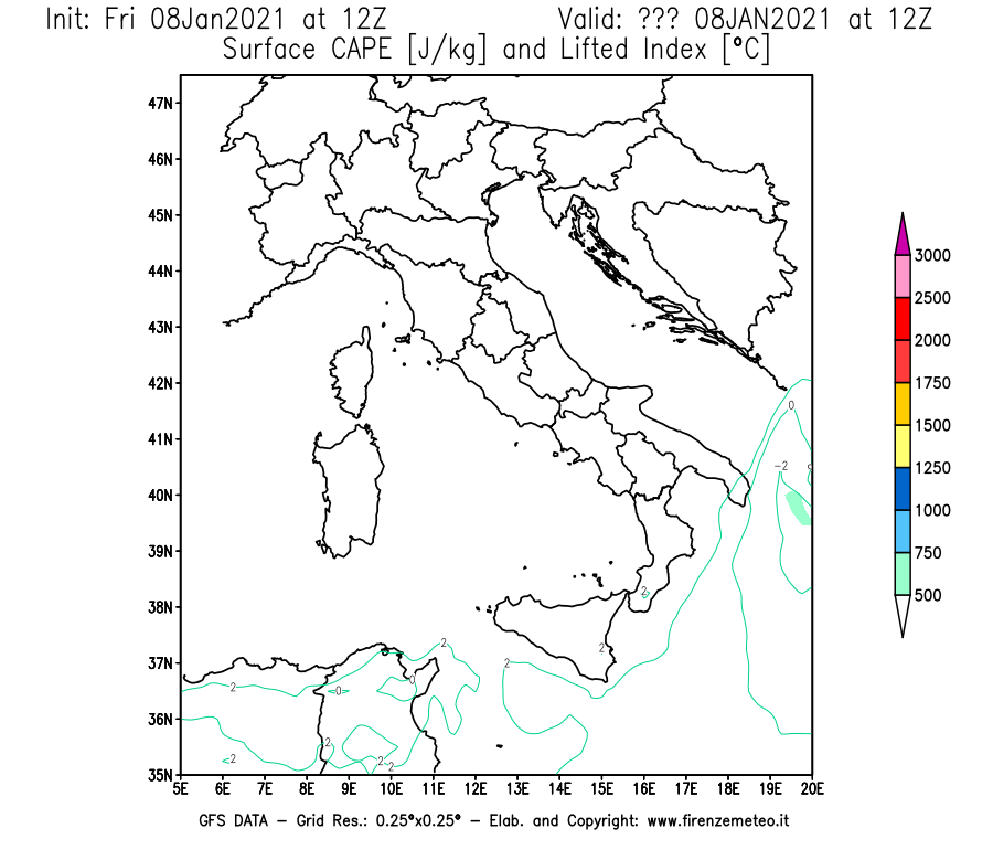 Mappa di analisi GFS - CAPE [J/kg] e Lifted Index [°C] in Italia
							del 08/01/2021 12 <!--googleoff: index-->UTC<!--googleon: index-->