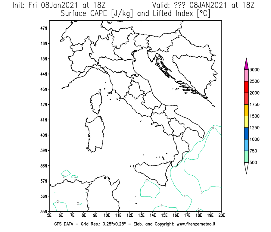 Mappa di analisi GFS - CAPE [J/kg] e Lifted Index [°C] in Italia
							del 08/01/2021 18 <!--googleoff: index-->UTC<!--googleon: index-->