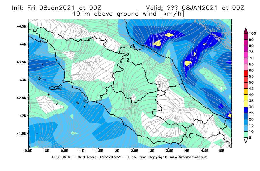 Mappa di analisi GFS - Velocità del vento a 10 metri dal suolo [km/h] in Centro-Italia
							del 08/01/2021 00 <!--googleoff: index-->UTC<!--googleon: index-->