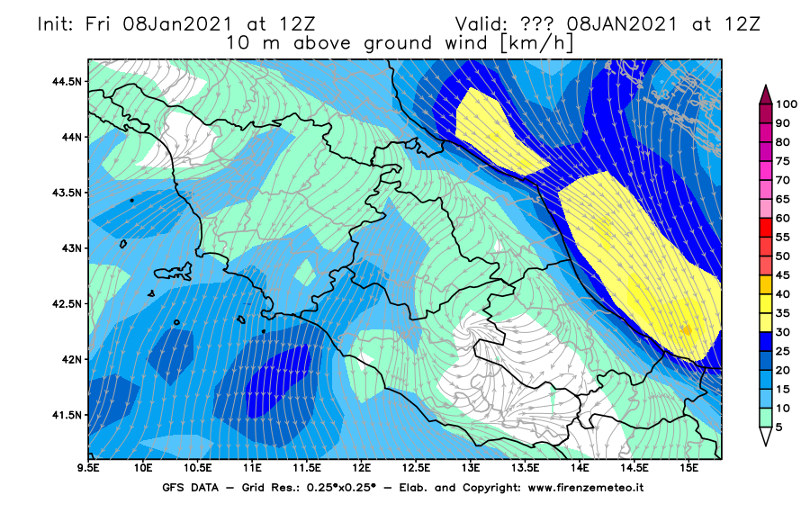 Mappa di analisi GFS - Velocità del vento a 10 metri dal suolo [km/h] in Centro-Italia
							del 08/01/2021 12 <!--googleoff: index-->UTC<!--googleon: index-->