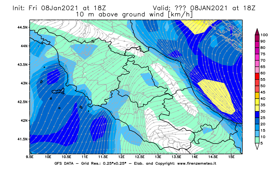 Mappa di analisi GFS - Velocità del vento a 10 metri dal suolo [km/h] in Centro-Italia
							del 08/01/2021 18 <!--googleoff: index-->UTC<!--googleon: index-->