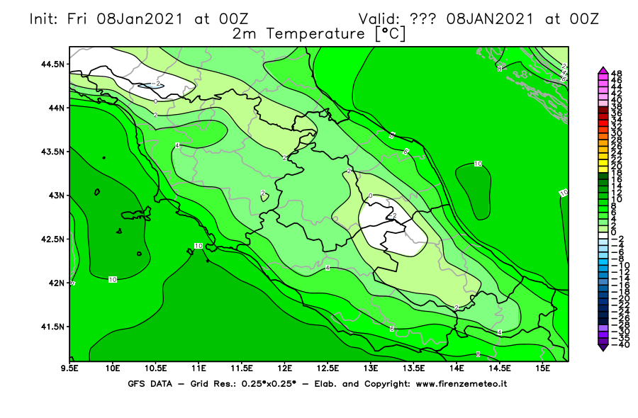 Mappa di analisi GFS - Temperatura a 2 metri dal suolo [°C] in Centro-Italia
							del 08/01/2021 00 <!--googleoff: index-->UTC<!--googleon: index-->