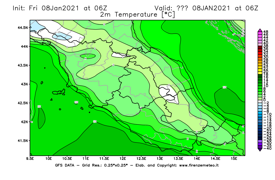Mappa di analisi GFS - Temperatura a 2 metri dal suolo [°C] in Centro-Italia
							del 08/01/2021 06 <!--googleoff: index-->UTC<!--googleon: index-->