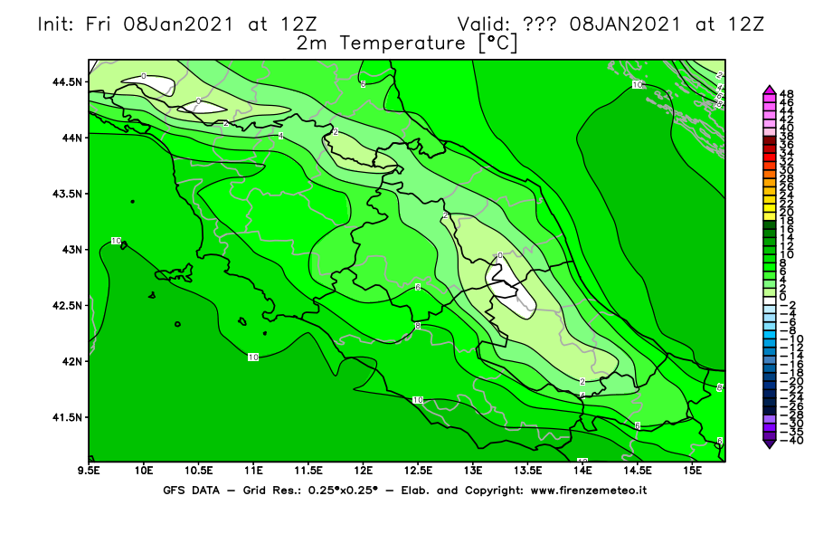 Mappa di analisi GFS - Temperatura a 2 metri dal suolo [°C] in Centro-Italia
							del 08/01/2021 12 <!--googleoff: index-->UTC<!--googleon: index-->