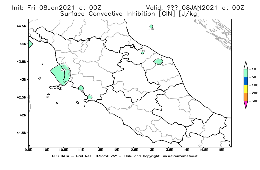 Mappa di analisi GFS - CIN [J/kg] in Centro-Italia
							del 08/01/2021 00 <!--googleoff: index-->UTC<!--googleon: index-->