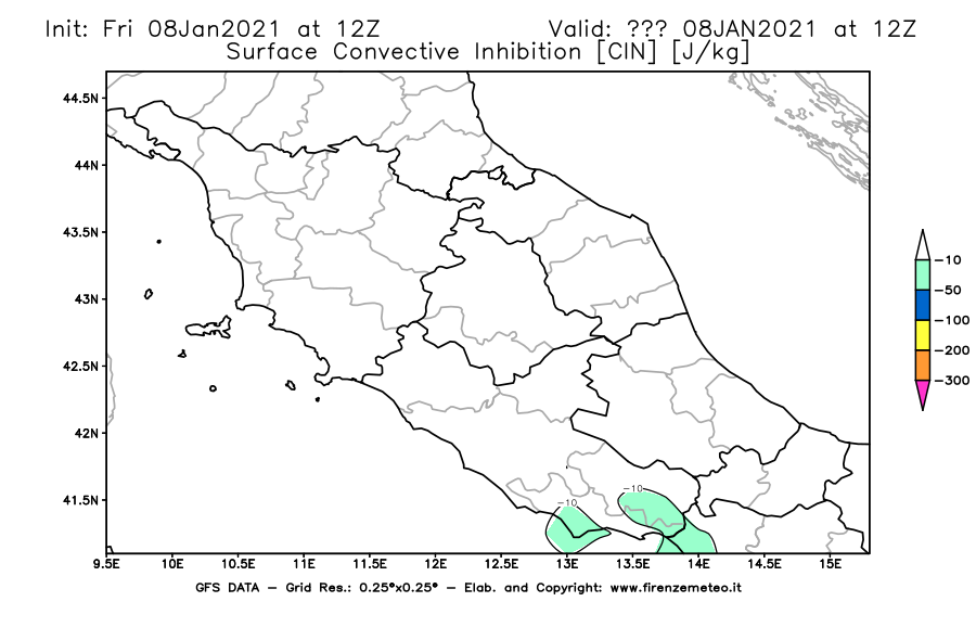 Mappa di analisi GFS - CIN [J/kg] in Centro-Italia
							del 08/01/2021 12 <!--googleoff: index-->UTC<!--googleon: index-->