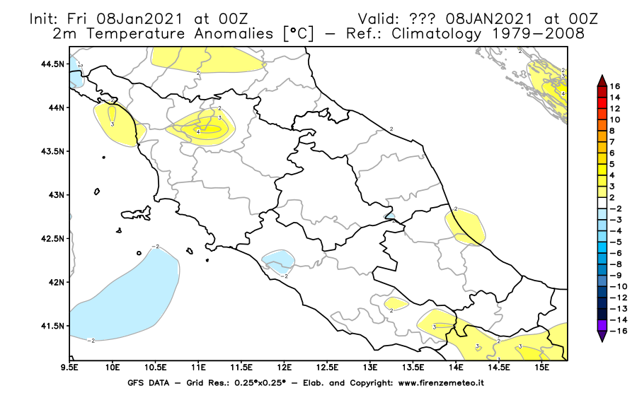 Mappa di analisi GFS - Anomalia Temperatura [°C] a 2 m in Centro-Italia
							del 08/01/2021 00 <!--googleoff: index-->UTC<!--googleon: index-->