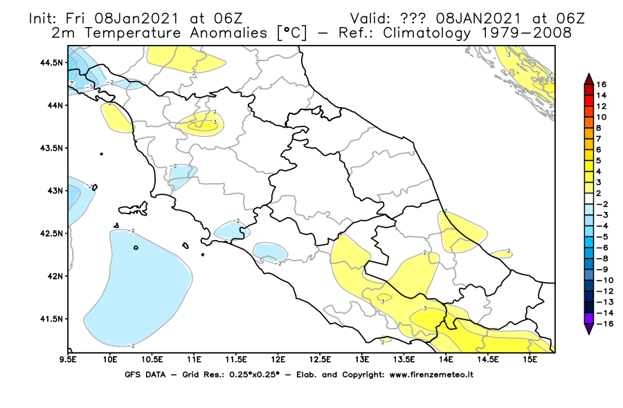 Mappa di analisi GFS - Anomalia Temperatura [°C] a 2 m in Centro-Italia
							del 08/01/2021 06 <!--googleoff: index-->UTC<!--googleon: index-->