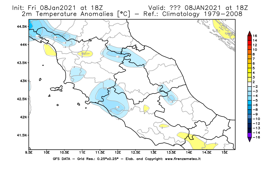 Mappa di analisi GFS - Anomalia Temperatura [°C] a 2 m in Centro-Italia
							del 08/01/2021 18 <!--googleoff: index-->UTC<!--googleon: index-->