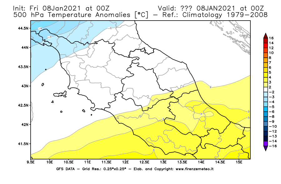Mappa di analisi GFS - Anomalia Temperatura [°C] a 500 hPa in Centro-Italia
							del 08/01/2021 00 <!--googleoff: index-->UTC<!--googleon: index-->