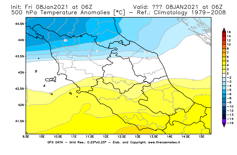 Mappa di analisi GFS - Anomalia Temperatura [°C] a 500 hPa in Centro-Italia
							del 08/01/2021 06 <!--googleoff: index-->UTC<!--googleon: index-->