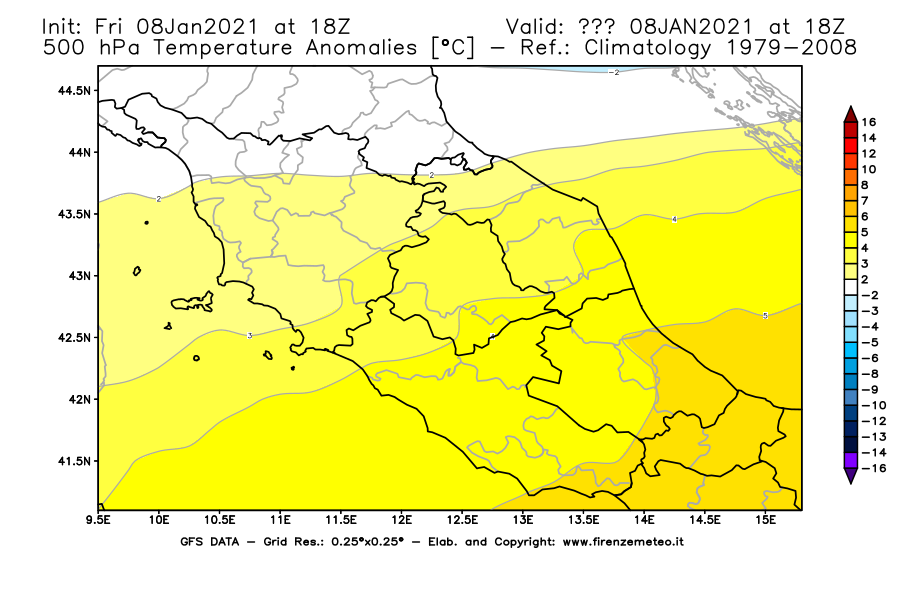 Mappa di analisi GFS - Anomalia Temperatura [°C] a 500 hPa in Centro-Italia
							del 08/01/2021 18 <!--googleoff: index-->UTC<!--googleon: index-->