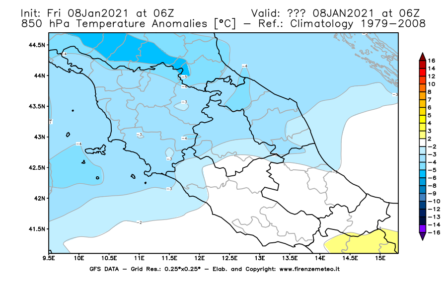 Mappa di analisi GFS - Anomalia Temperatura [°C] a 850 hPa in Centro-Italia
							del 08/01/2021 06 <!--googleoff: index-->UTC<!--googleon: index-->
