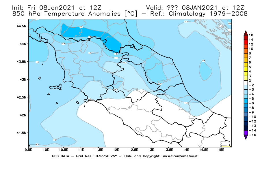 Mappa di analisi GFS - Anomalia Temperatura [°C] a 850 hPa in Centro-Italia
							del 08/01/2021 12 <!--googleoff: index-->UTC<!--googleon: index-->