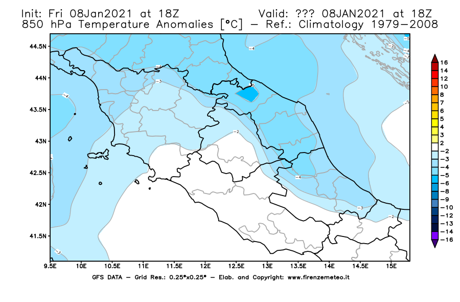 Mappa di analisi GFS - Anomalia Temperatura [°C] a 850 hPa in Centro-Italia
							del 08/01/2021 18 <!--googleoff: index-->UTC<!--googleon: index-->