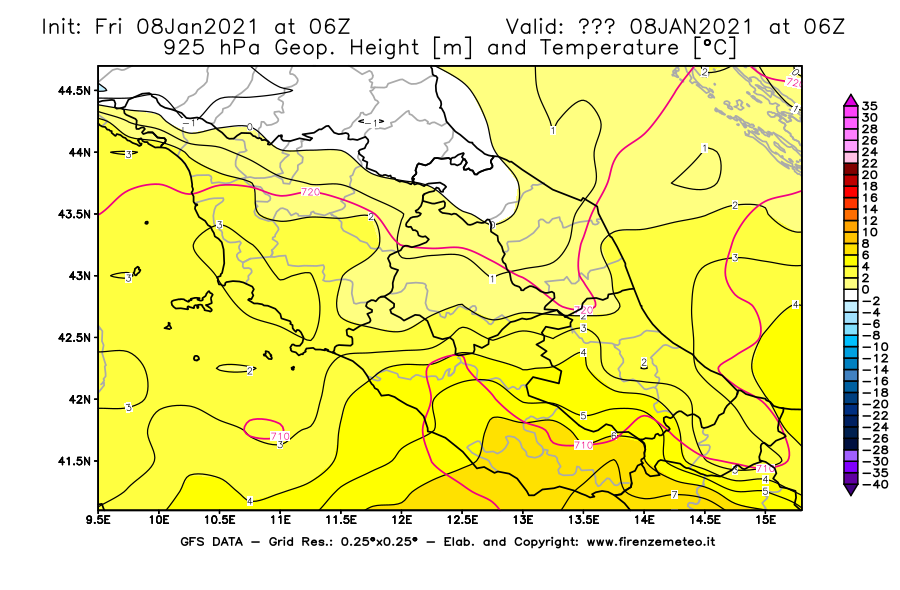 Mappa di analisi GFS - Geopotenziale [m] e Temperatura [°C] a 925 hPa in Centro-Italia
							del 08/01/2021 06 <!--googleoff: index-->UTC<!--googleon: index-->
