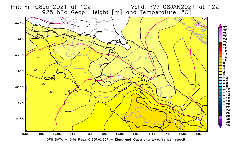 Mappa di analisi GFS - Geopotenziale [m] e Temperatura [°C] a 925 hPa in Centro-Italia
							del 08/01/2021 12 <!--googleoff: index-->UTC<!--googleon: index-->