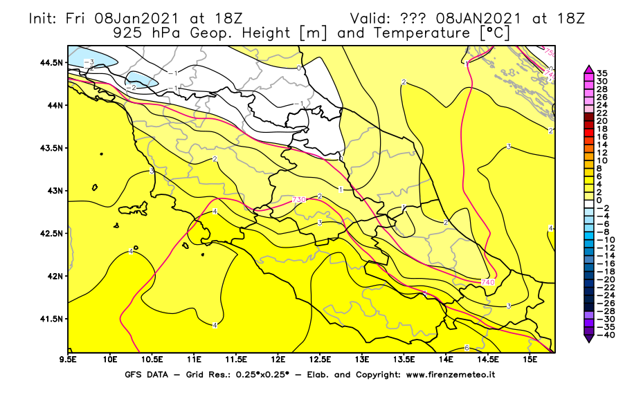 Mappa di analisi GFS - Geopotenziale [m] e Temperatura [°C] a 925 hPa in Centro-Italia
							del 08/01/2021 18 <!--googleoff: index-->UTC<!--googleon: index-->
