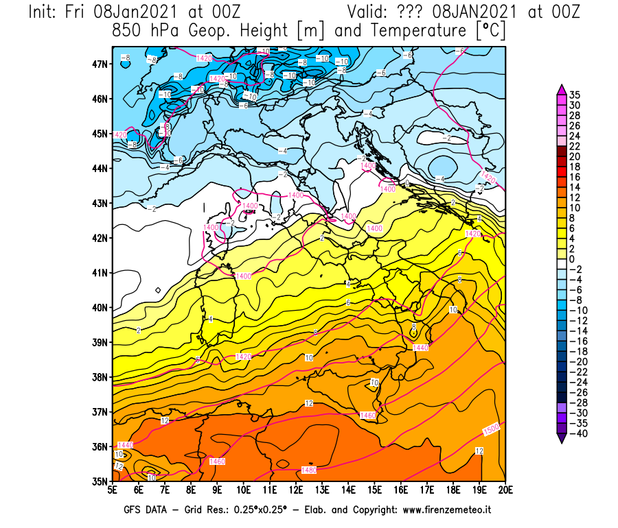 Mappa di analisi GFS - Geopotenziale [m] e Temperatura [°C] a 850 hPa in Italia
							del 08/01/2021 00 <!--googleoff: index-->UTC<!--googleon: index-->