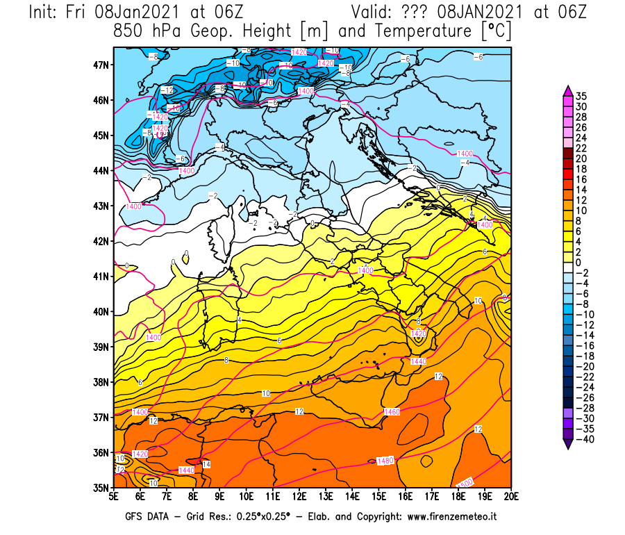 Mappa di analisi GFS - Geopotenziale [m] e Temperatura [°C] a 850 hPa in Italia
							del 08/01/2021 06 <!--googleoff: index-->UTC<!--googleon: index-->
