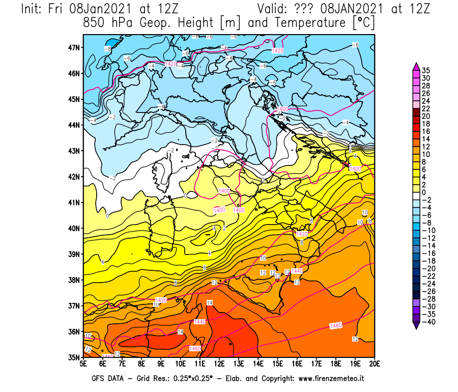 Mappa di analisi GFS - Geopotenziale [m] e Temperatura [°C] a 850 hPa in Italia
							del 08/01/2021 12 <!--googleoff: index-->UTC<!--googleon: index-->