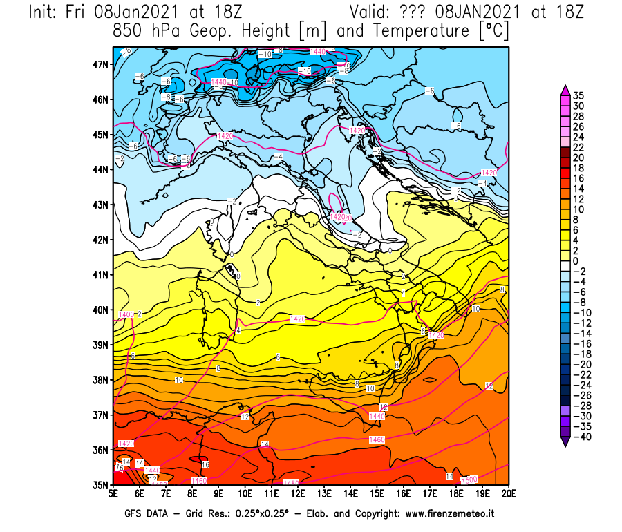 Mappa di analisi GFS - Geopotenziale [m] e Temperatura [°C] a 850 hPa in Italia
							del 08/01/2021 18 <!--googleoff: index-->UTC<!--googleon: index-->