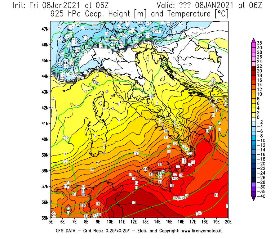 Mappa di analisi GFS - Geopotenziale [m] e Temperatura [°C] a 925 hPa in Italia
							del 08/01/2021 06 <!--googleoff: index-->UTC<!--googleon: index-->