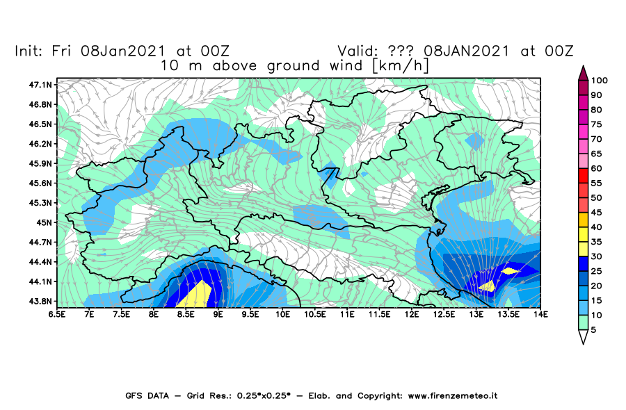 Mappa di analisi GFS - Velocità del vento a 10 metri dal suolo [km/h] in Nord-Italia
							del 08/01/2021 00 <!--googleoff: index-->UTC<!--googleon: index-->