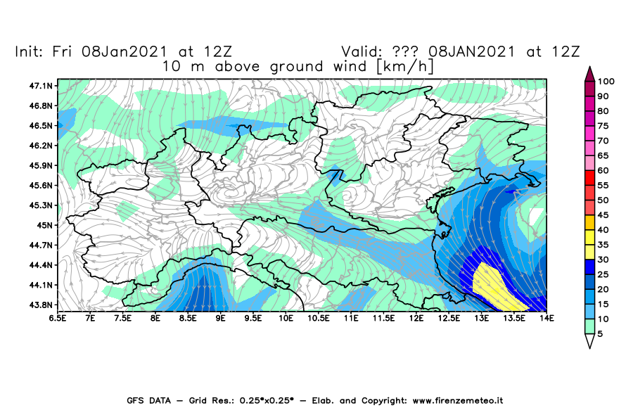 Mappa di analisi GFS - Velocità del vento a 10 metri dal suolo [km/h] in Nord-Italia
							del 08/01/2021 12 <!--googleoff: index-->UTC<!--googleon: index-->
