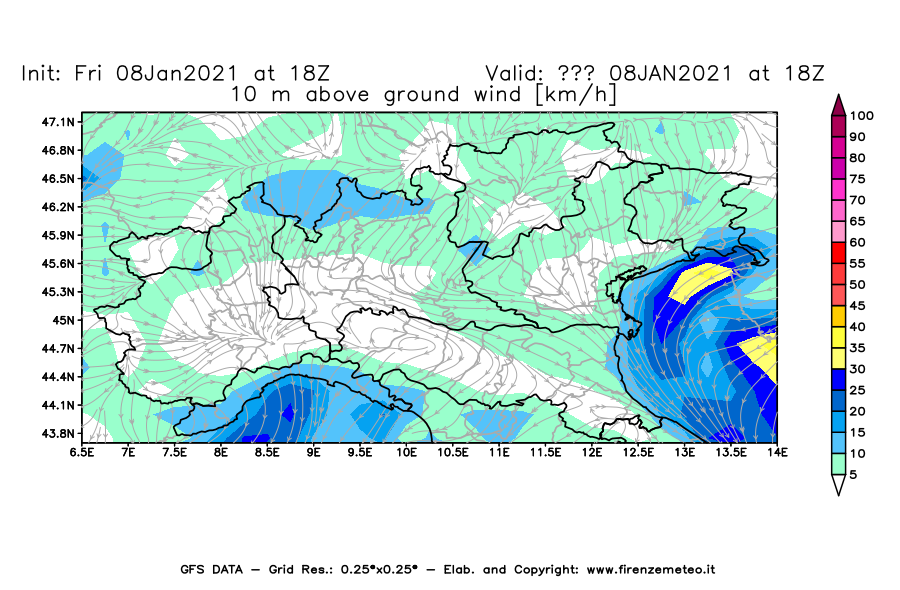 Mappa di analisi GFS - Velocità del vento a 10 metri dal suolo [km/h] in Nord-Italia
							del 08/01/2021 18 <!--googleoff: index-->UTC<!--googleon: index-->