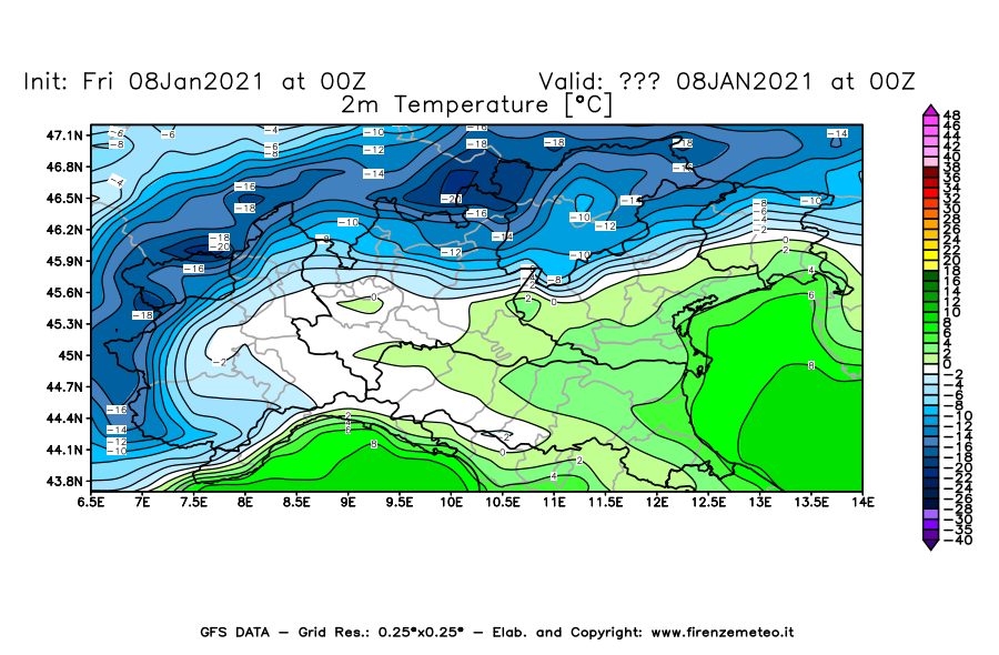 Mappa di analisi GFS - Temperatura a 2 metri dal suolo [°C] in Nord-Italia
							del 08/01/2021 00 <!--googleoff: index-->UTC<!--googleon: index-->