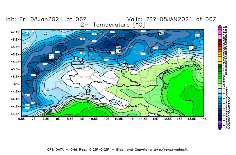 Mappa di analisi GFS - Temperatura a 2 metri dal suolo [°C] in Nord-Italia
							del 08/01/2021 06 <!--googleoff: index-->UTC<!--googleon: index-->
