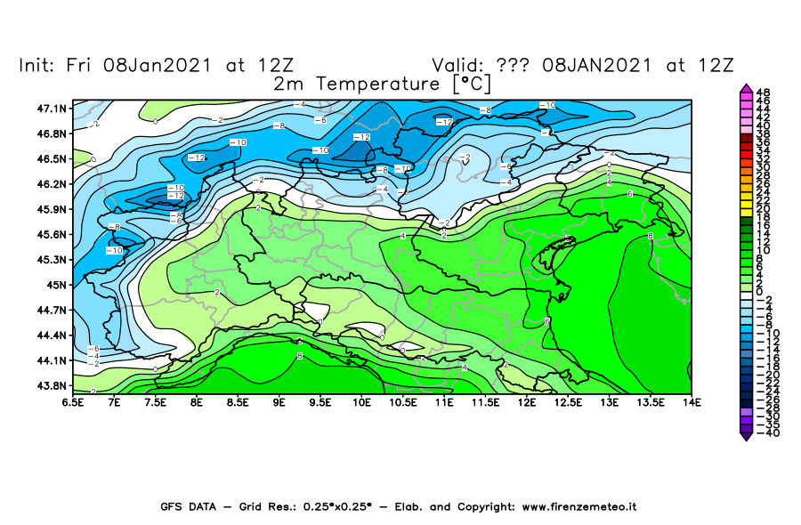 Mappa di analisi GFS - Temperatura a 2 metri dal suolo [°C] in Nord-Italia
							del 08/01/2021 12 <!--googleoff: index-->UTC<!--googleon: index-->