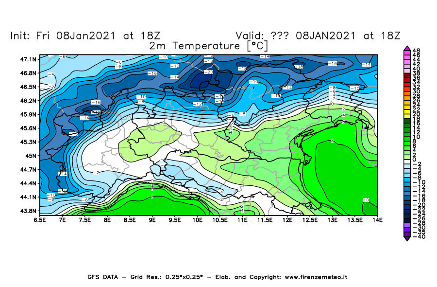 Mappa di analisi GFS - Temperatura a 2 metri dal suolo [°C] in Nord-Italia
							del 08/01/2021 18 <!--googleoff: index-->UTC<!--googleon: index-->