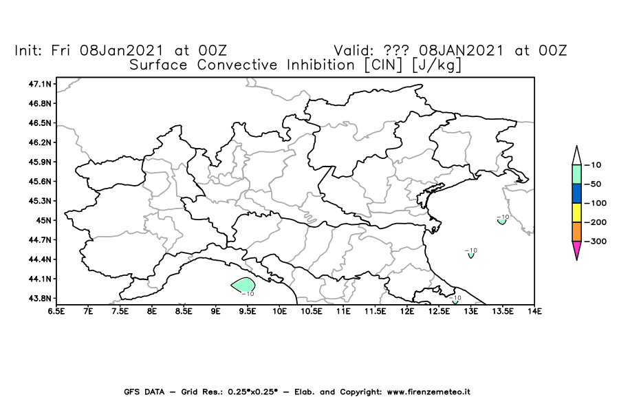 Mappa di analisi GFS - CIN [J/kg] in Nord-Italia
							del 08/01/2021 00 <!--googleoff: index-->UTC<!--googleon: index-->