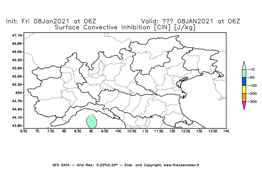 Mappa di analisi GFS - CIN [J/kg] in Nord-Italia
							del 08/01/2021 06 <!--googleoff: index-->UTC<!--googleon: index-->