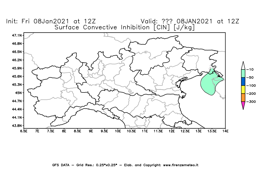 Mappa di analisi GFS - CIN [J/kg] in Nord-Italia
							del 08/01/2021 12 <!--googleoff: index-->UTC<!--googleon: index-->