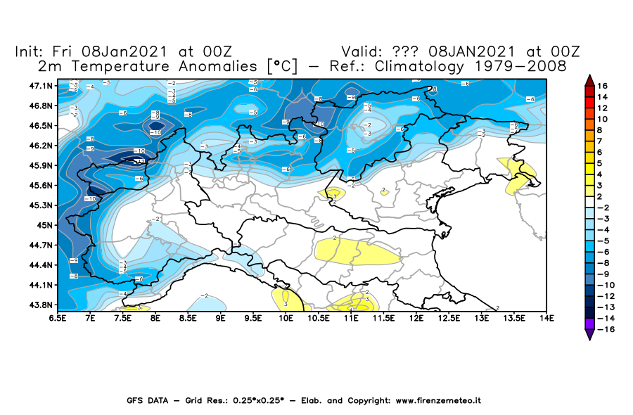 Mappa di analisi GFS - Anomalia Temperatura [°C] a 2 m in Nord-Italia
							del 08/01/2021 00 <!--googleoff: index-->UTC<!--googleon: index-->