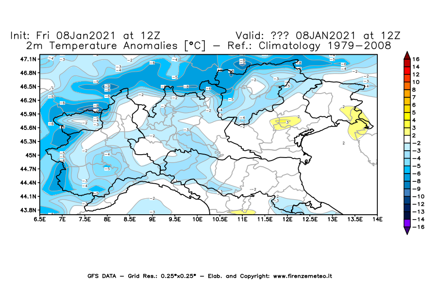 Mappa di analisi GFS - Anomalia Temperatura [°C] a 2 m in Nord-Italia
							del 08/01/2021 12 <!--googleoff: index-->UTC<!--googleon: index-->