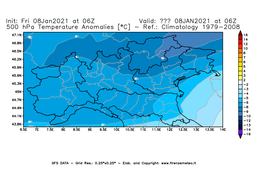 Mappa di analisi GFS - Anomalia Temperatura [°C] a 500 hPa in Nord-Italia
							del 08/01/2021 06 <!--googleoff: index-->UTC<!--googleon: index-->
