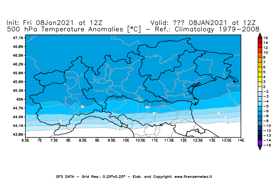 Mappa di analisi GFS - Anomalia Temperatura [°C] a 500 hPa in Nord-Italia
							del 08/01/2021 12 <!--googleoff: index-->UTC<!--googleon: index-->