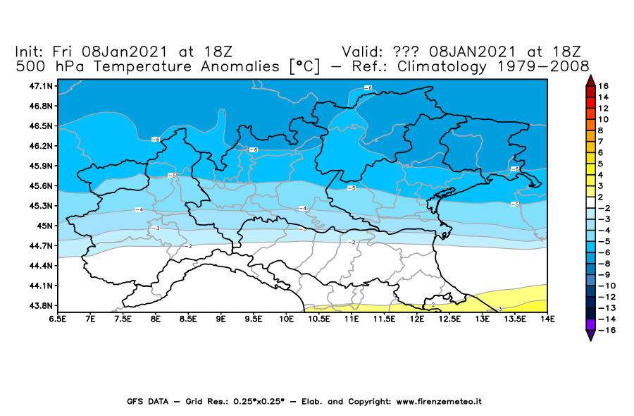 Mappa di analisi GFS - Anomalia Temperatura [°C] a 500 hPa in Nord-Italia
							del 08/01/2021 18 <!--googleoff: index-->UTC<!--googleon: index-->