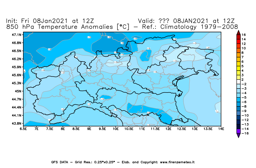 Mappa di analisi GFS - Anomalia Temperatura [°C] a 850 hPa in Nord-Italia
							del 08/01/2021 12 <!--googleoff: index-->UTC<!--googleon: index-->
