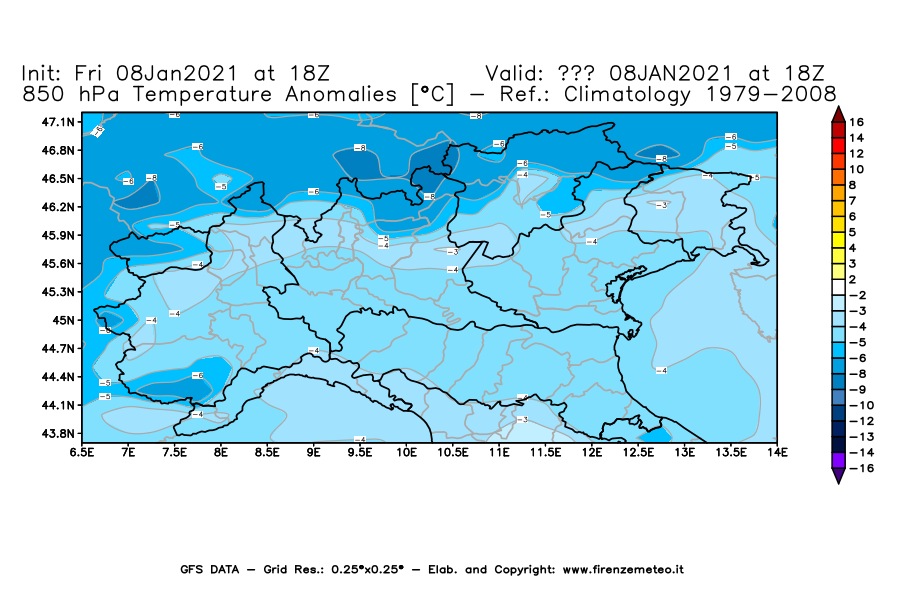 Mappa di analisi GFS - Anomalia Temperatura [°C] a 850 hPa in Nord-Italia
							del 08/01/2021 18 <!--googleoff: index-->UTC<!--googleon: index-->