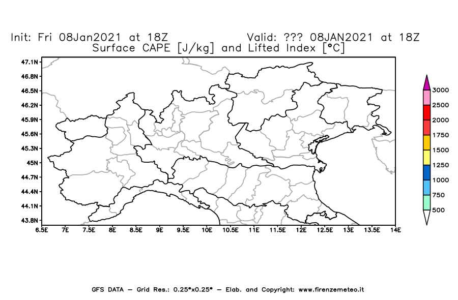 Mappa di analisi GFS - CAPE [J/kg] e Lifted Index [°C] in Nord-Italia
							del 08/01/2021 18 <!--googleoff: index-->UTC<!--googleon: index-->