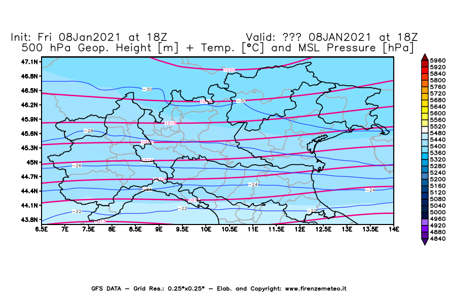 Mappa di analisi GFS - Geopotenziale [m] + Temp. [°C] a 500 hPa + Press. a livello del mare [hPa] in Nord-Italia
							del 08/01/2021 18 <!--googleoff: index-->UTC<!--googleon: index-->